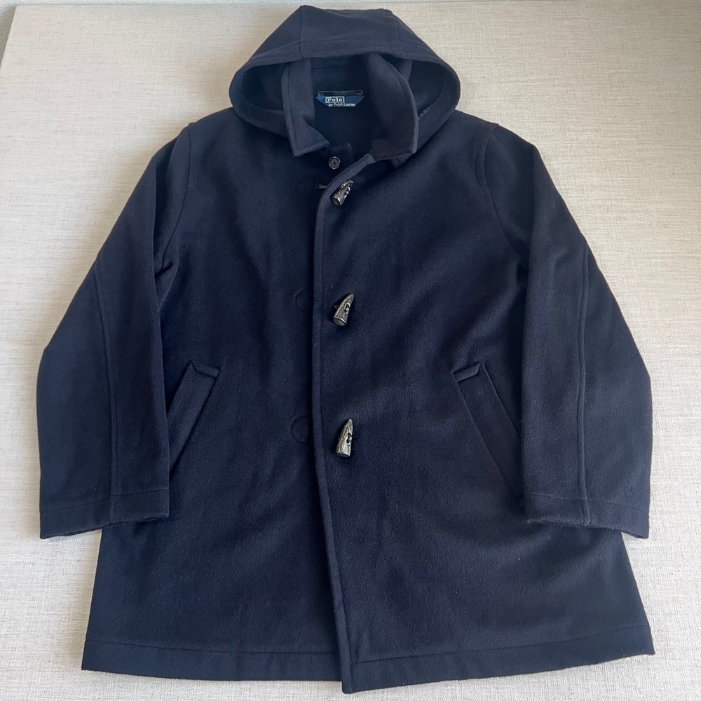 EUC Polo Ralph Lauren Mens Large Black Wool Hooded Duffle Toggle Coat